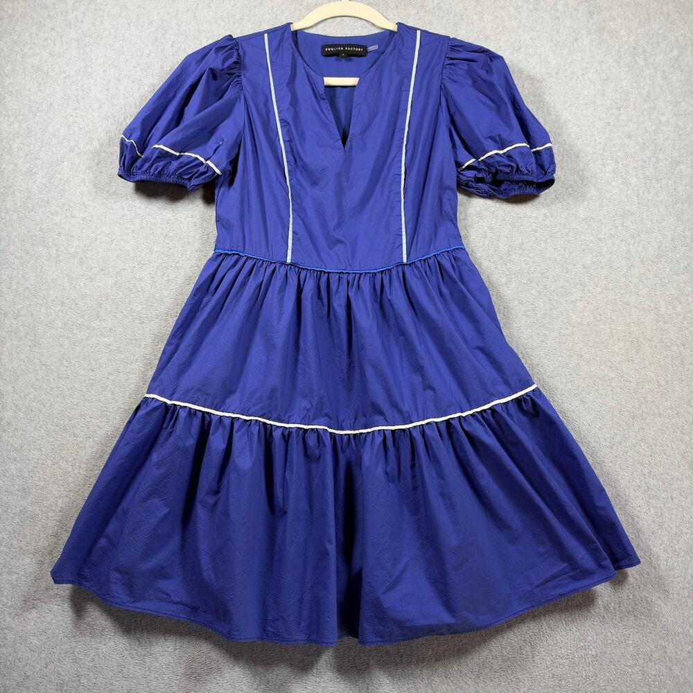 English Factory Mini Dress Women's Small Purple V-Neck Puff Sleeve Tiered